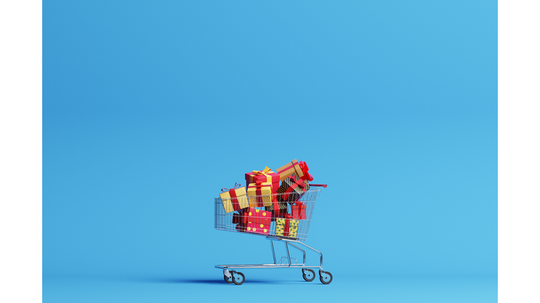 Shopping cart filled with christmas gifts