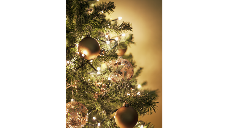 Close up of Christmas ornaments on tree