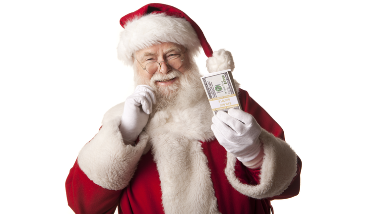 Pictures of Real Santa Claus holding Christmas cash bonus