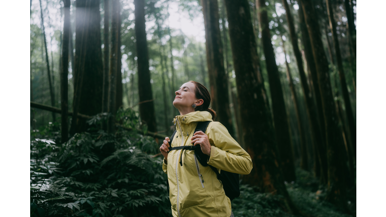 Woman contemplating in forest