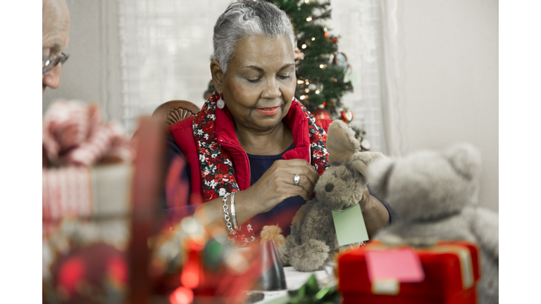 Multi ethnic group of Active Seniors meet to wrap gifts for children in the neighborhood.