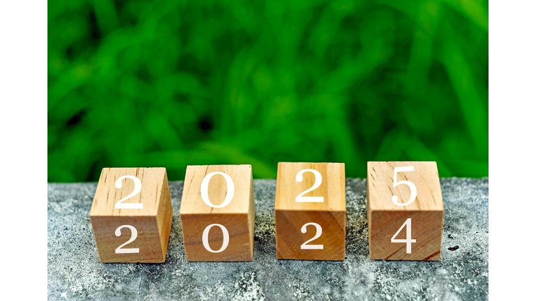 Wooden toy blocks with the numbers 2024 and 2025 - New year concept