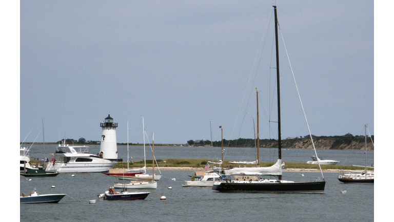 The Edgartown Lighthouse is surrounded b