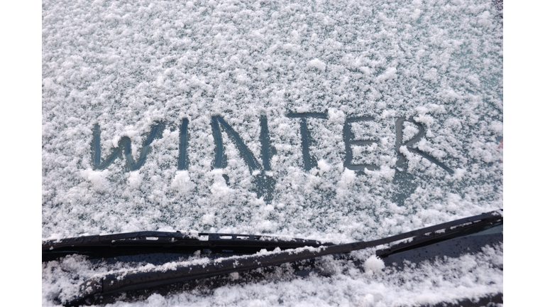 Winter written on a snow covered window