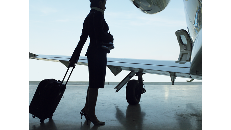 Flight attendant standing with suitcase near airplane, side view