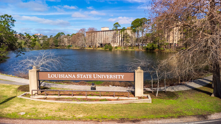 Louisiana State University sign on campus in Baton Rouge, LA