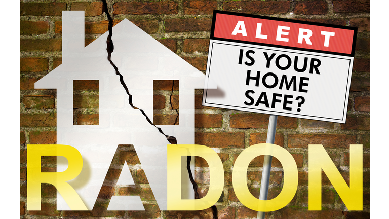 Is your home radon safe? - Alert radon gas concept with home icon and text written on sign