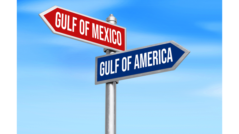 Gulf of Mexico to Gulf of America name changing concept of ocean written on signboard with sky in the backdrop.