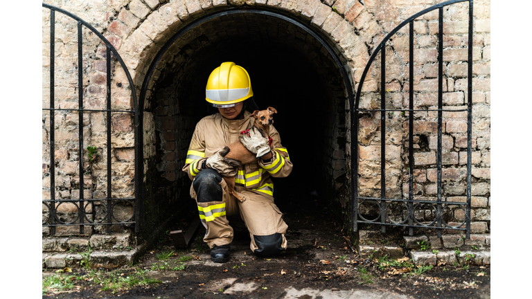 Firefighter woman holding a rescued dog outdoors