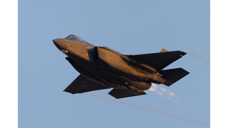 Close view of a F-35A Lightning II approaching in beautiful sunset light