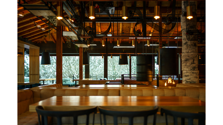Empty Restaurant Interior. Wooden design.
