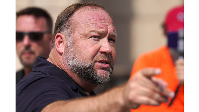 Alex Jones Speaks To The Media Outside The Sandy Hook Trial In Waterbury, Connecticut