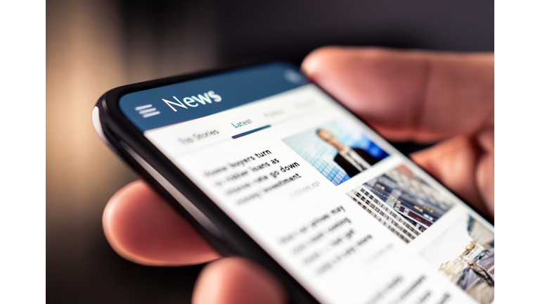 News online in phone. Reading newspaper from website. Digital publication and magazine mockup. Press feed with latest headlines in digital web portal.