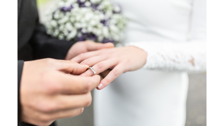 Detail of groom putting a ring on a finger of the bride.