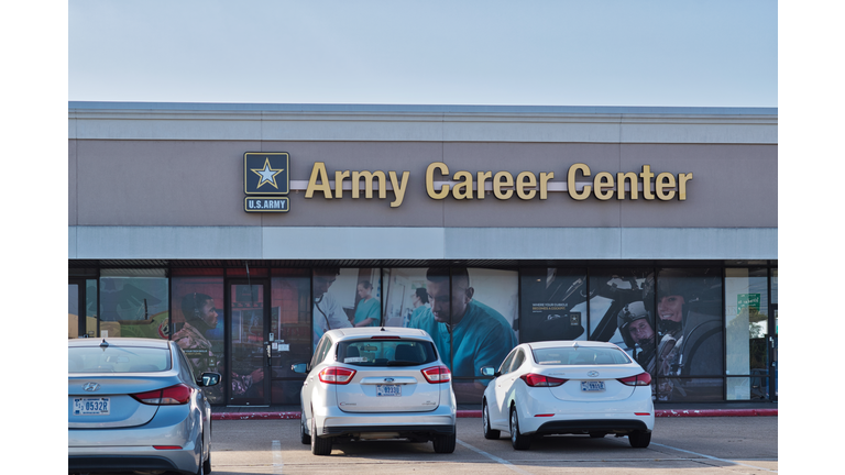 Army Career Center storefront exterior and parking lot in Houston, TX.