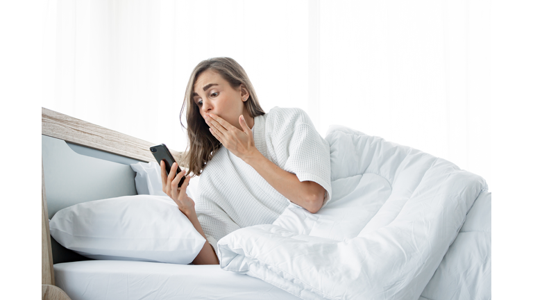 Woman in shock after she woke up late.
