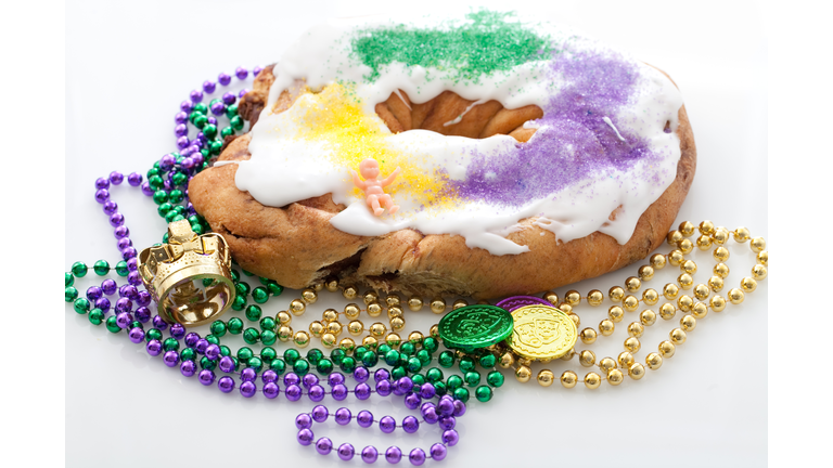 Mardi Gras king cake with beads 
