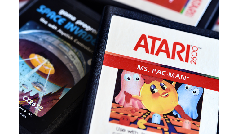 Close up on vintage Atari 2600 video game cartridges
