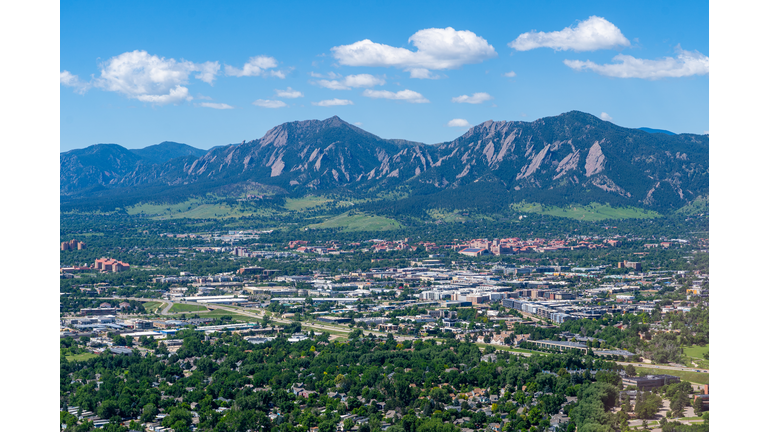 Aerial View above Boulder Colorado looking southwest towards University of Colorado and Flatiron Mountains