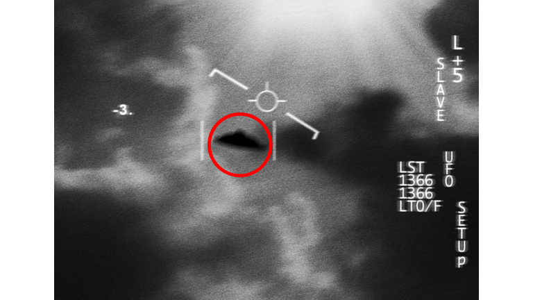 Satellite image, UFO spaceship and view at night with FBI investigation and alien evidence. Surveillance, photo and area 51 recording of flying saucer and galaxy survey for mystery object in sky