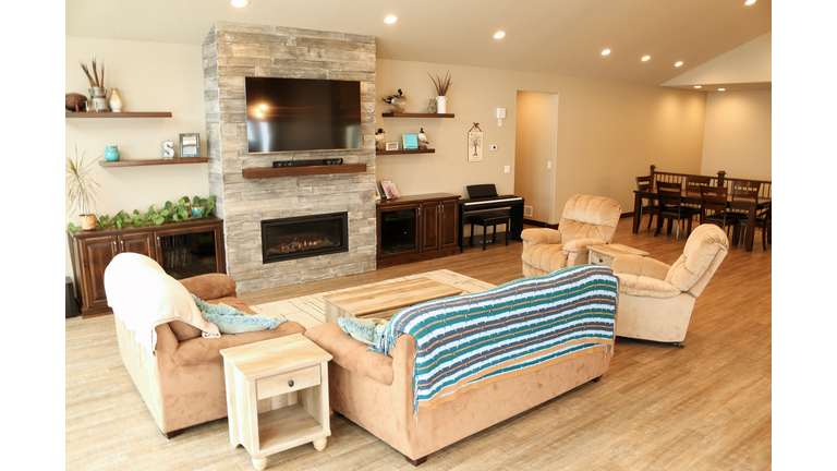 Fireplace feature in open concept home