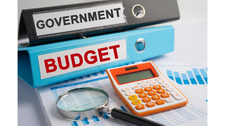 Government, BUDGET. Binder data finance report business with graph analysis in office.