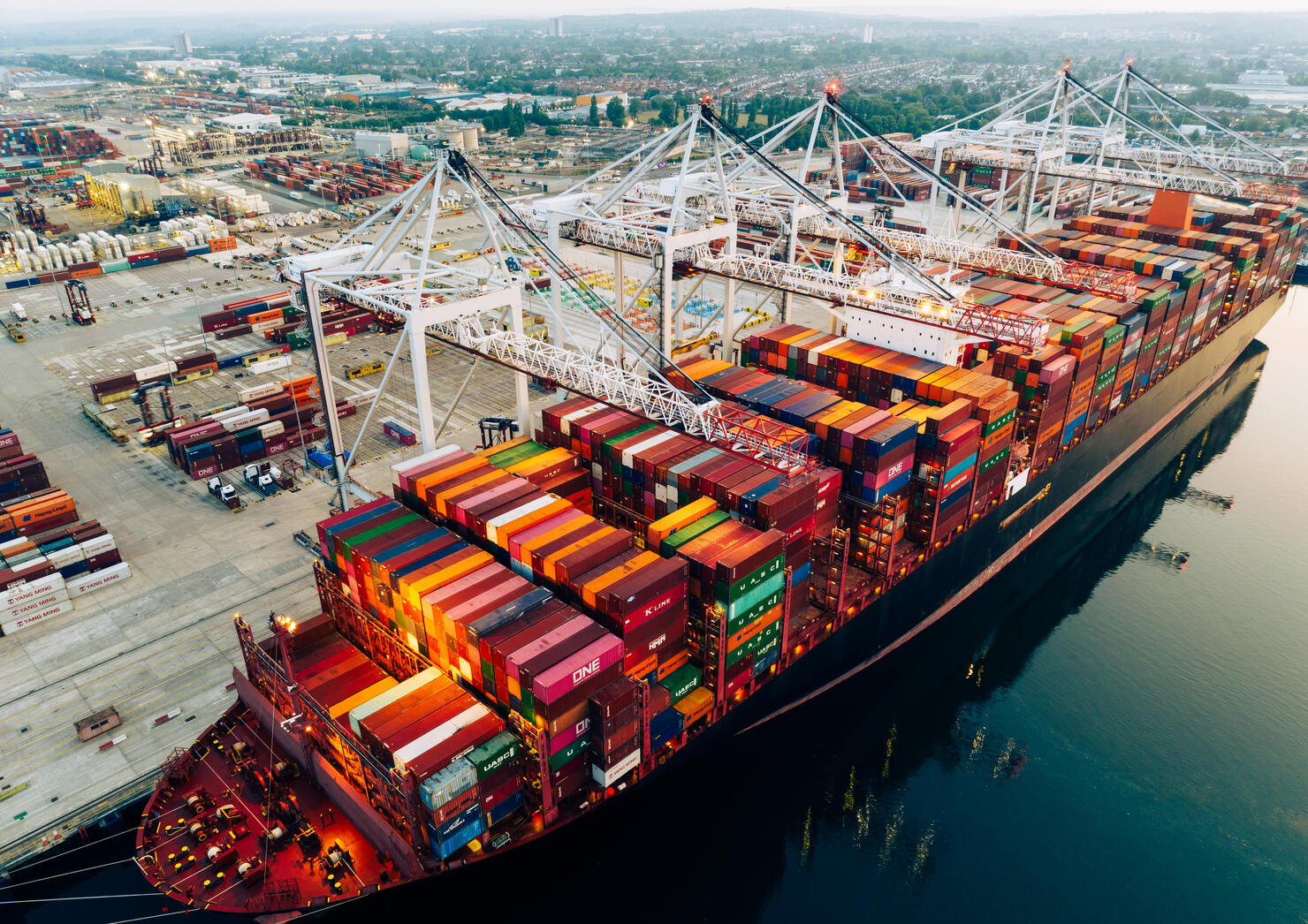 An aerial view of UK shipping and docks