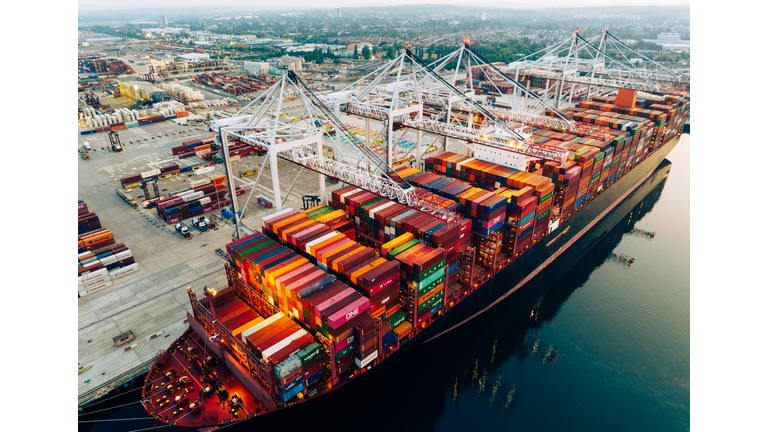 An aerial view of UK shipping and docks
