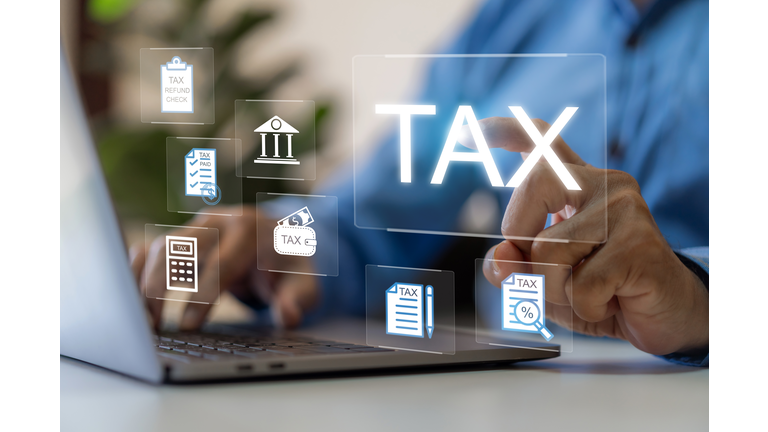 People with tax technology online system, business finance management, tax return process, accounting and financial planning, revenue analysis, calculation, vat, electronic payment, tax refund policy