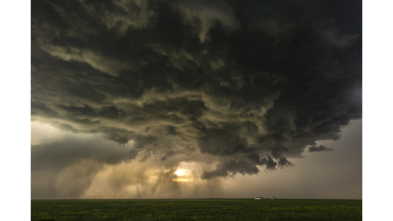Tornado warned supercell storm at sunset near Judith Gap, Montana. USA
