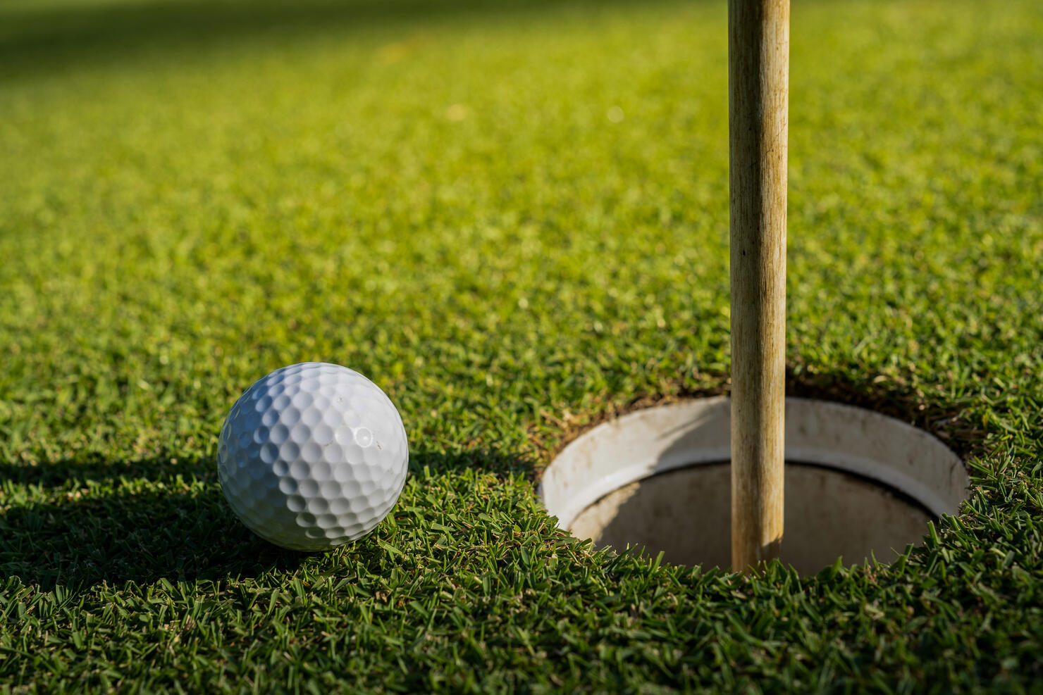 Choose focus. A white golf ball near the golf hole and a flagpole on green grass.