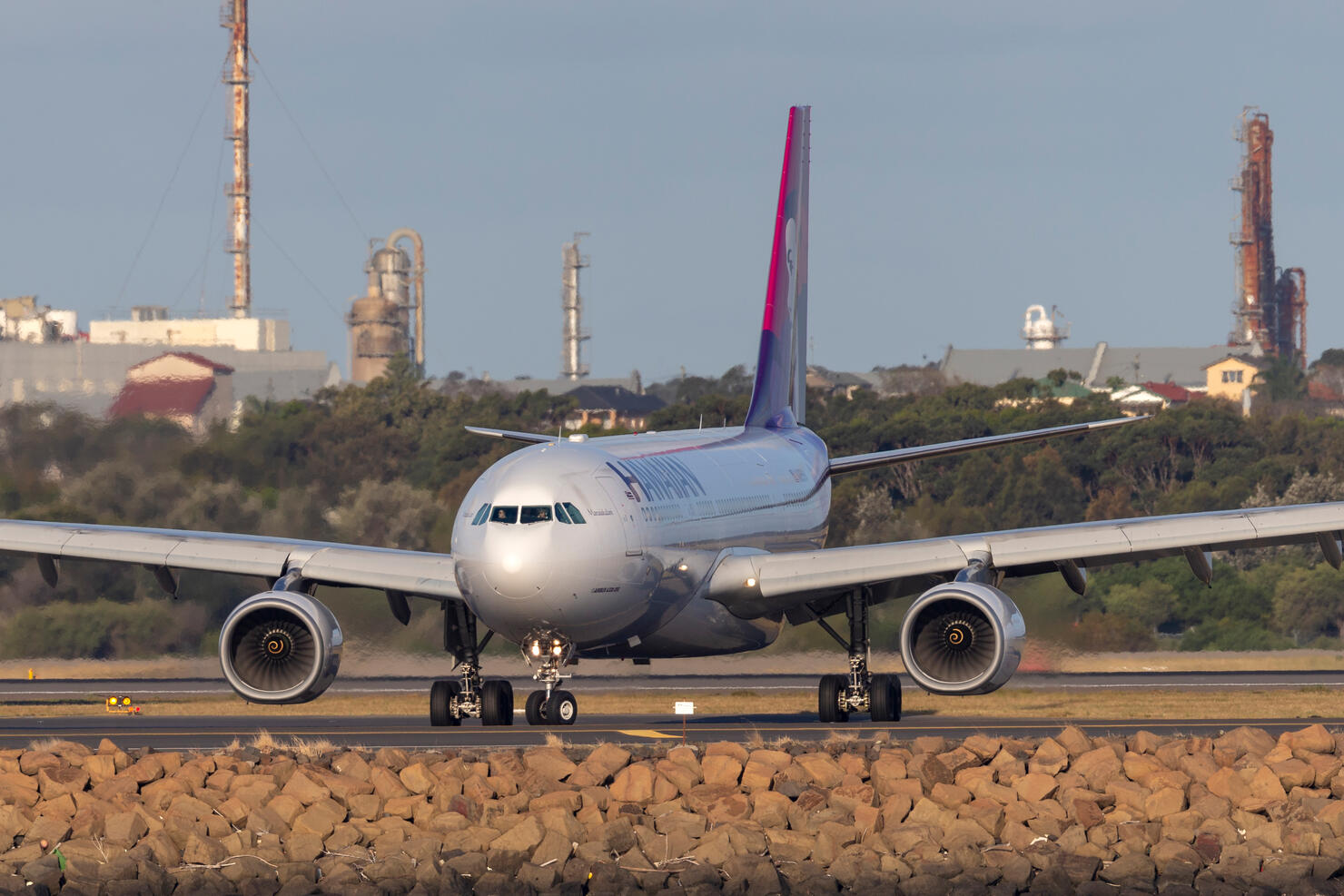 Hawaiian Airlines Airbus A330 aircraft at Sydney Airport after a flight from Honolulu.
