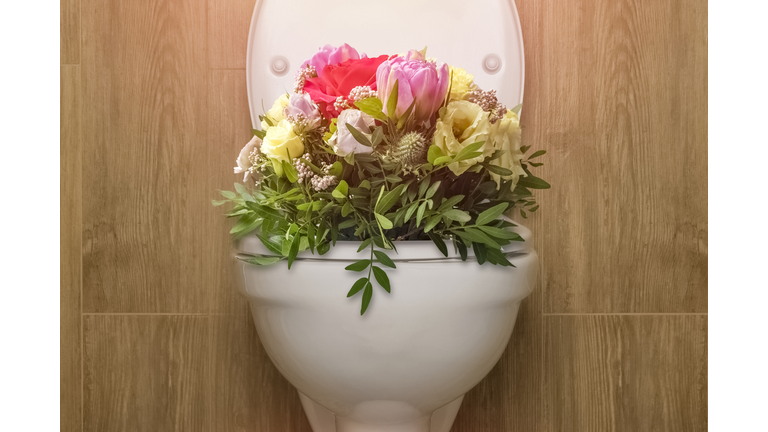 Close-up of a bouquet of flowers in a modern white ceramic toilet bowl on a brown background