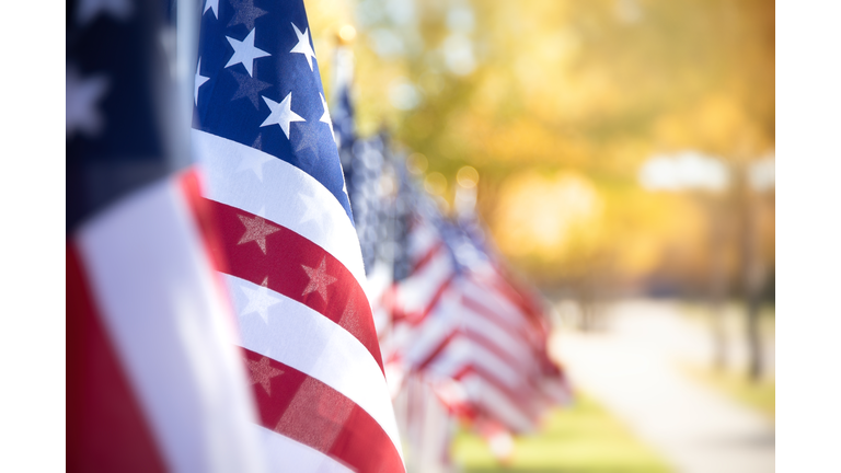 Closeup of an American flag in a row