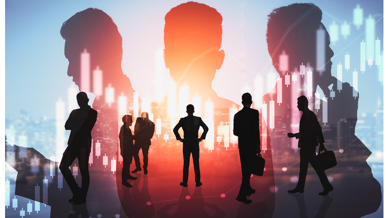 Abstract image of many business people together in group on background of city