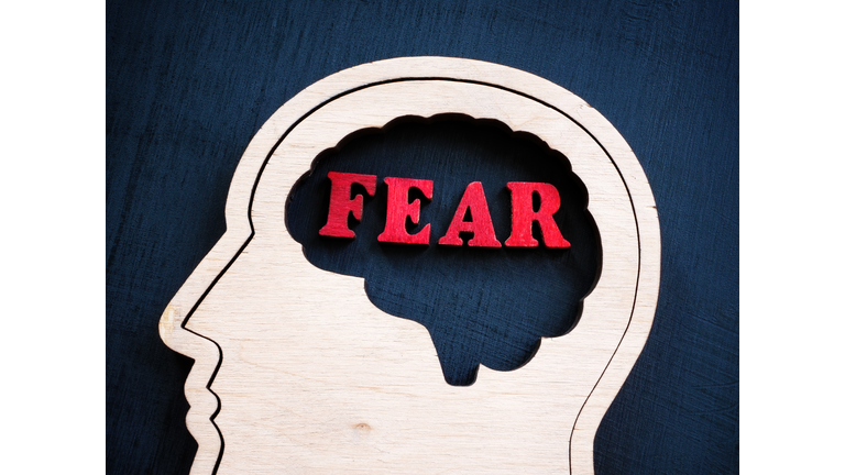 Wooden figure of head and the inscription fear.