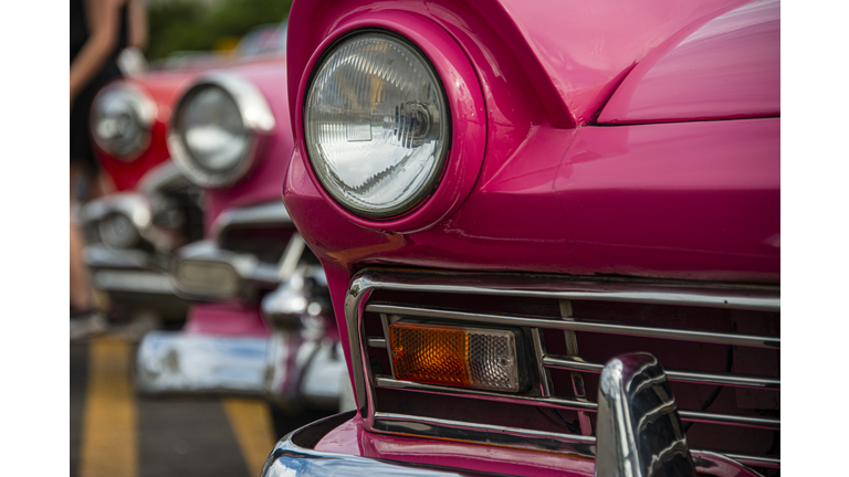 Part of a pink 1950's classic car, in Havana, Cuba, Close-up