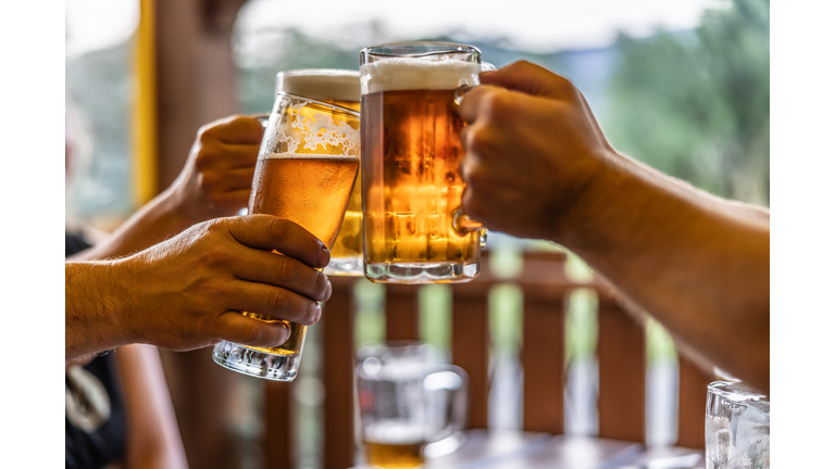 Group of friends toasting with beer on the terrace during hot summer days.
