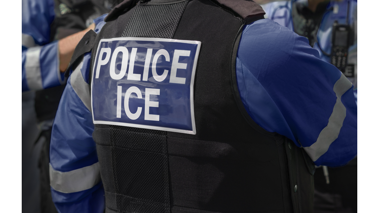 Ice Police agents - Immigration and Customs Enforcement. Close-up of POLICE ICE marking on the back of worn by a trio of DHS police officers at the scene of an incident.