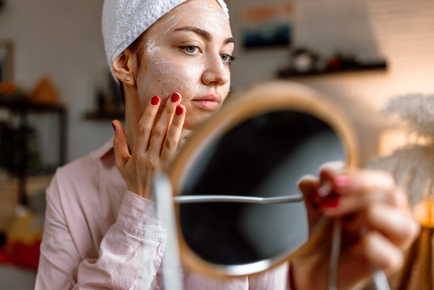Morning face care routine for problematic skin with acne.