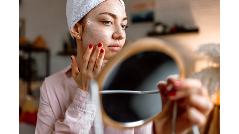 Morning face care routine for problematic skin with acne.