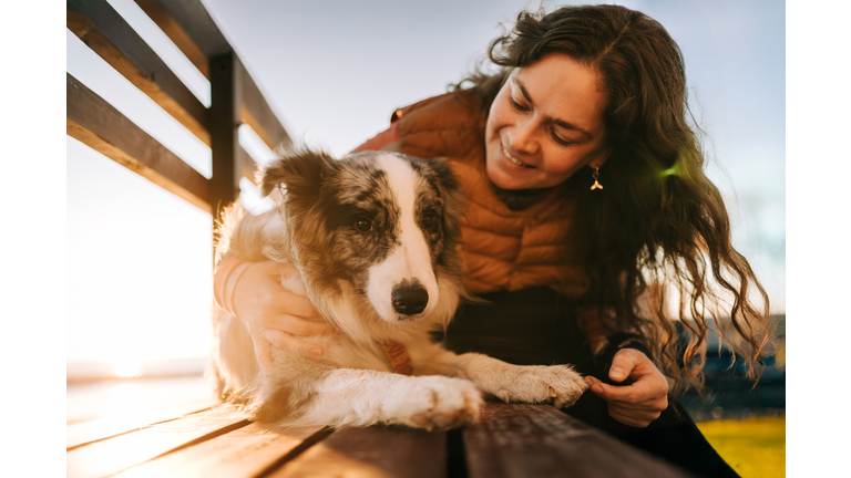 Woman bonding with her border collie dog at sunset by the lake