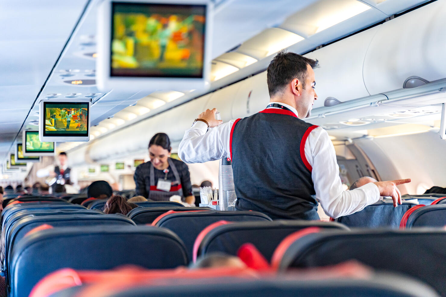 Air hostess serving food and drinks onboard