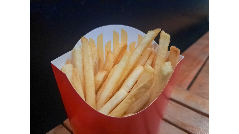 French Fries Or Fried Potato In A Cartoon Box. Snack Menu
