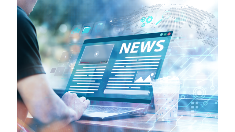 News updates, read news online with internet network at a cafe on holiday.