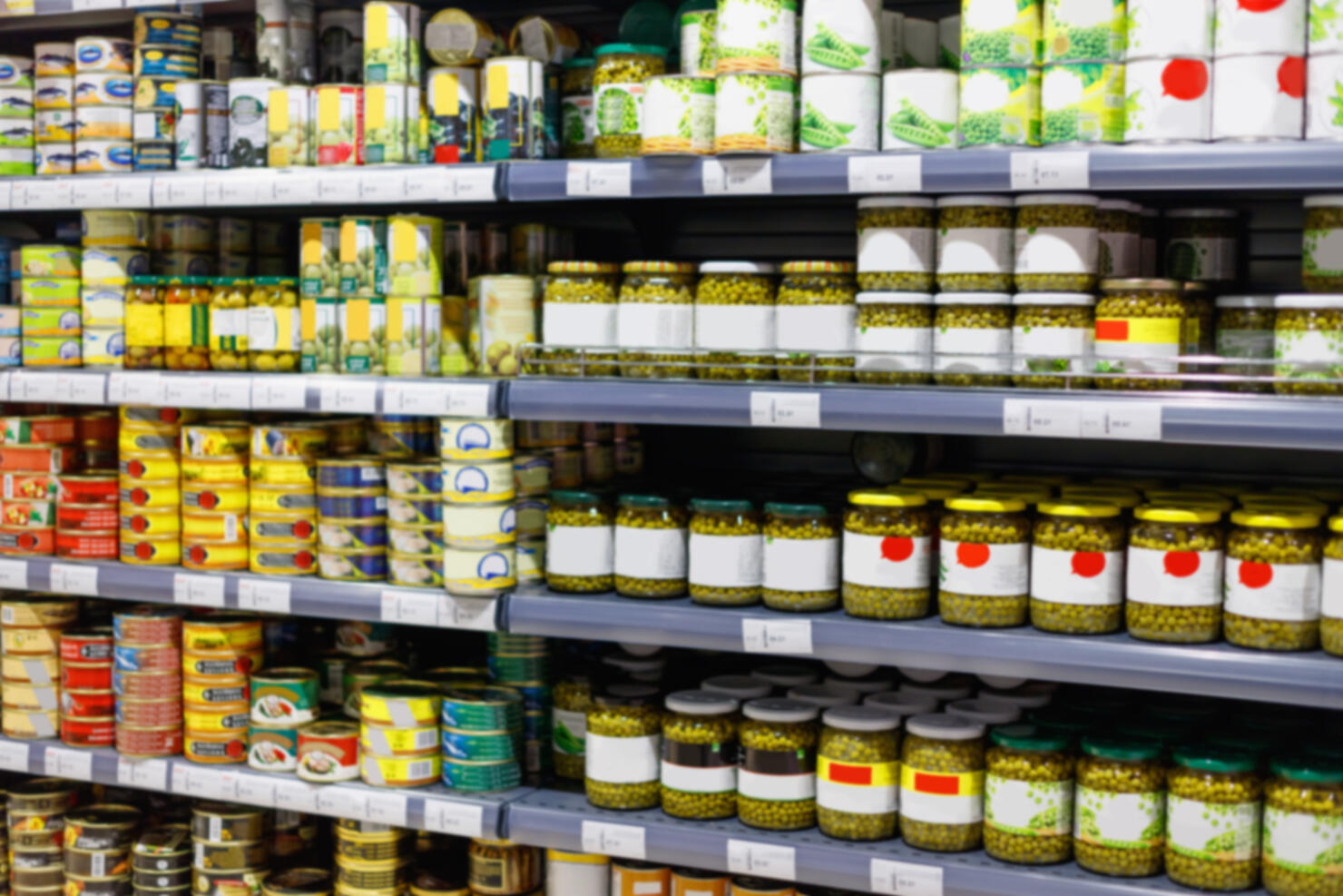 Interior view canned food products in cold storage  store.