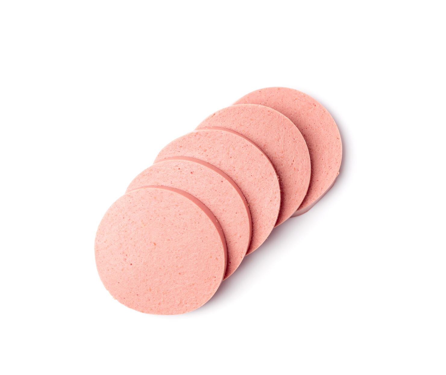 Mortadella Slice Isolated, Luncheon Meat Cut, Chicken Ham, Boiled Sausage for Breakfast