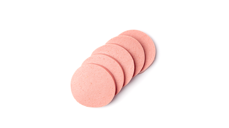 Mortadella Slice Isolated, Luncheon Meat Cut, Chicken Ham, Boiled Sausage for Breakfast