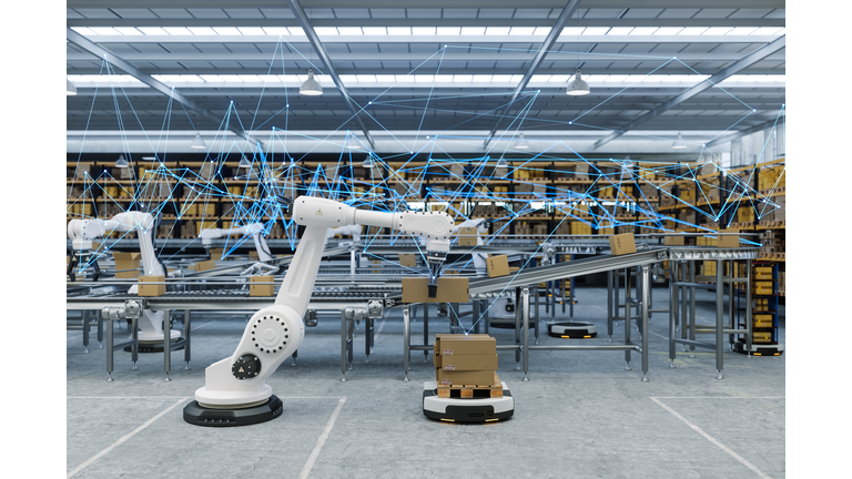 Distribution Warehouse With Plexus, Automated Guided Vehicles And Robots Working On Conveyor Belt