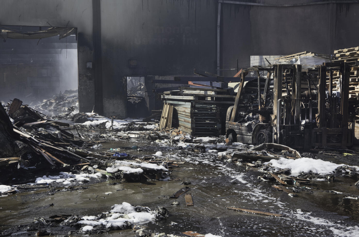 Burnt remains of a warehouse fire